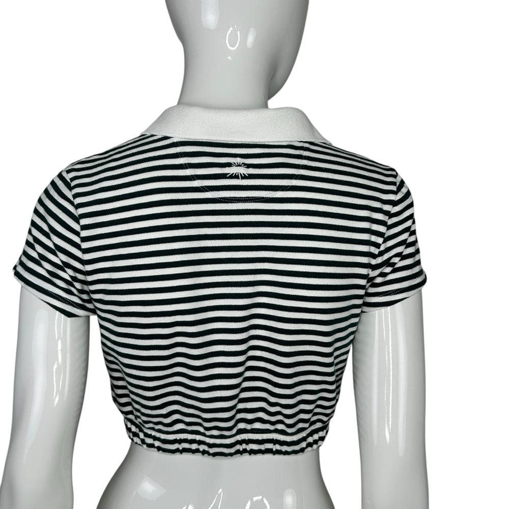 Aerie Offline Top Women's Cropped Polo S Green White Academia Striped Bubble Hem - Picture 7 of 16